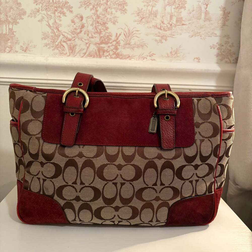 Coach Soho Signature Jacquard Tote Bag with Burgundy Leather and Suede Trim 6094